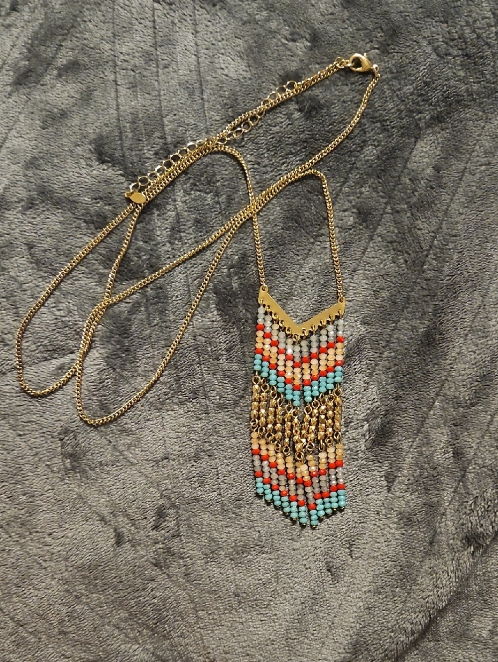 Premier Designs Gold-tone Chevron Fringe Necklace with Turquoise and Coral Beads